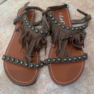 L & C Brown Fringe Sandals with Black Studs